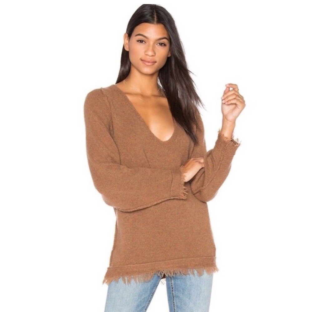Free People Irresistible Fringe Hem Slouchy V-Neck Oversized Sweater Tan S